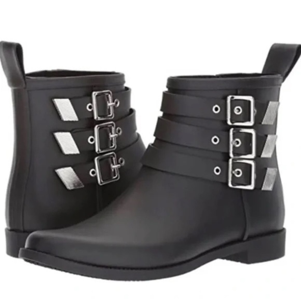 Loeffler Randall Fenton Rain
 Black Ankle Boots with‎ Silver Buckles Size 7